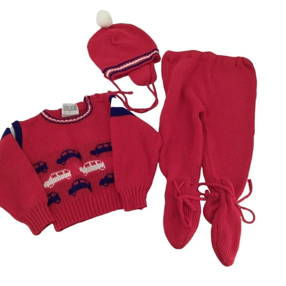 Vintage Knit Baby Outfit Size 6-12 Footie Pants Sweater Pompom Earflap Hat Cars